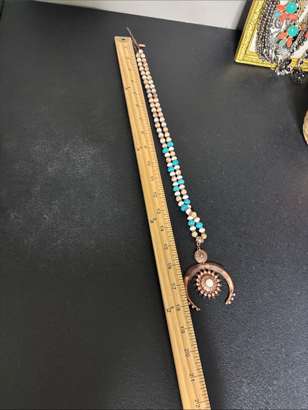 Shyanne Bohemian Turquoise & Cream Beaded Pendant Western Statement Necklace - Picture 6 of 7